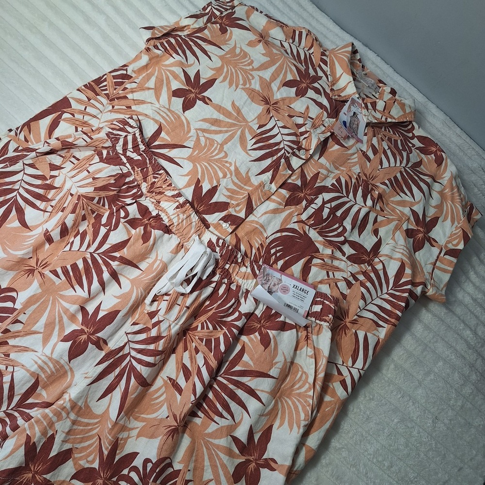 2 Pc Linen Blend Button Up Shirt & Shorts Womens XXL Dusty Coral Tropical Resort